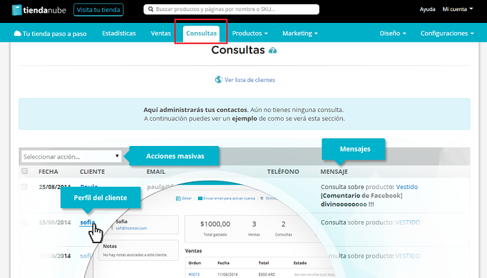 Sección de consultas dentro de una Tienda Nube